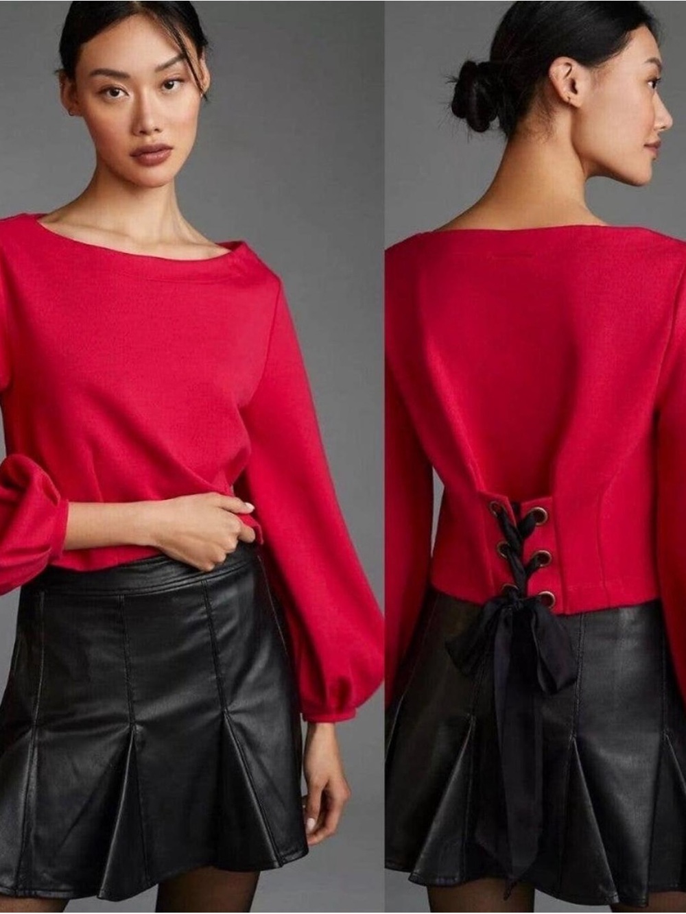 Maeve Anthropologie Lace-Up Back Cropped Top Balloon Sleeve Red Pink M NWOT